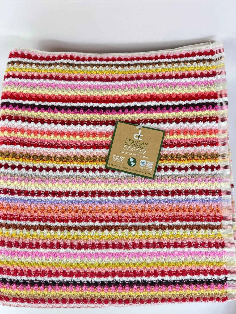 Deborah Connolly Bath Towel Set Pink Red Multicolor Striped Cotton 2 Pc Set NEW